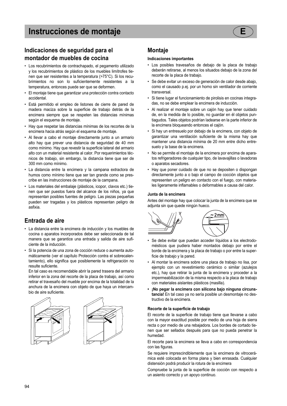 Instrucciones de montaje e, Entrada de aire, Montaje | Teka GKST 95 N i4 Select User Manual | Page 94 / 113