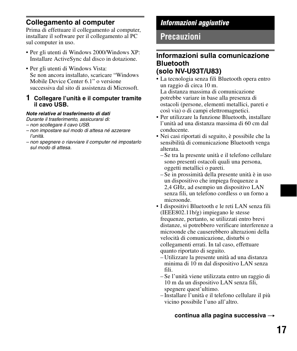 Collegamento al computer, Informazioni aggiuntive, Precauzioni | Sony NV-U83 User Manual | Page 111 / 194