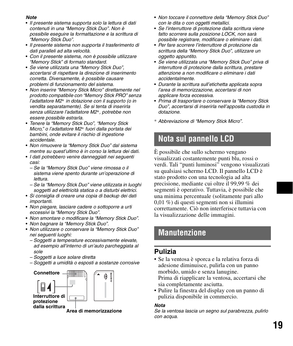 Nota sul pannello lcd, Manutenzione, Pulizia | Nota sul pannello lcd manutenzione | Sony NV-U83 User Manual | Page 113 / 194