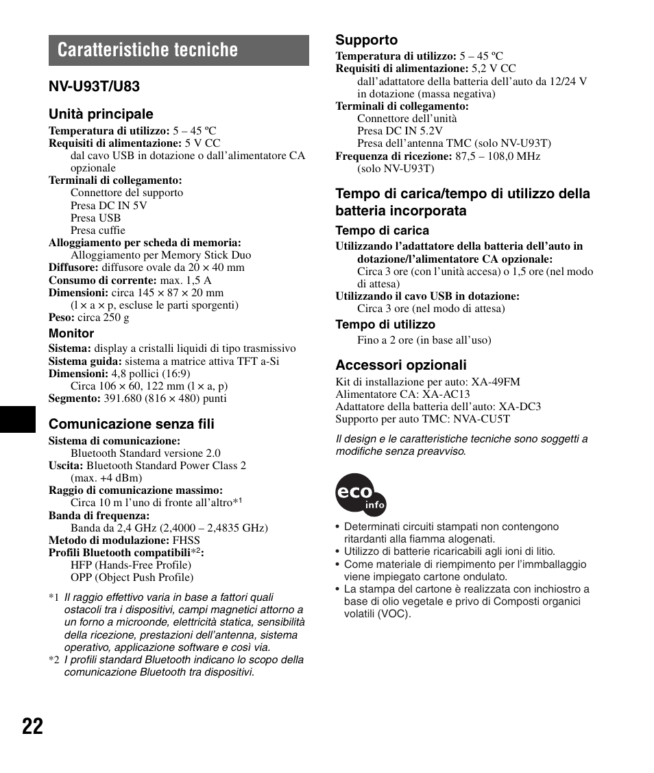 Caratteristiche tecniche, Nv-u93t/u83 | Sony NV-U83 User Manual | Page 116 / 194