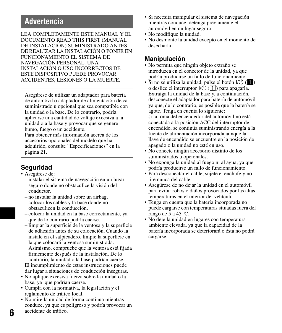 Advertencia | Sony NV-U83 User Manual | Page 124 / 194