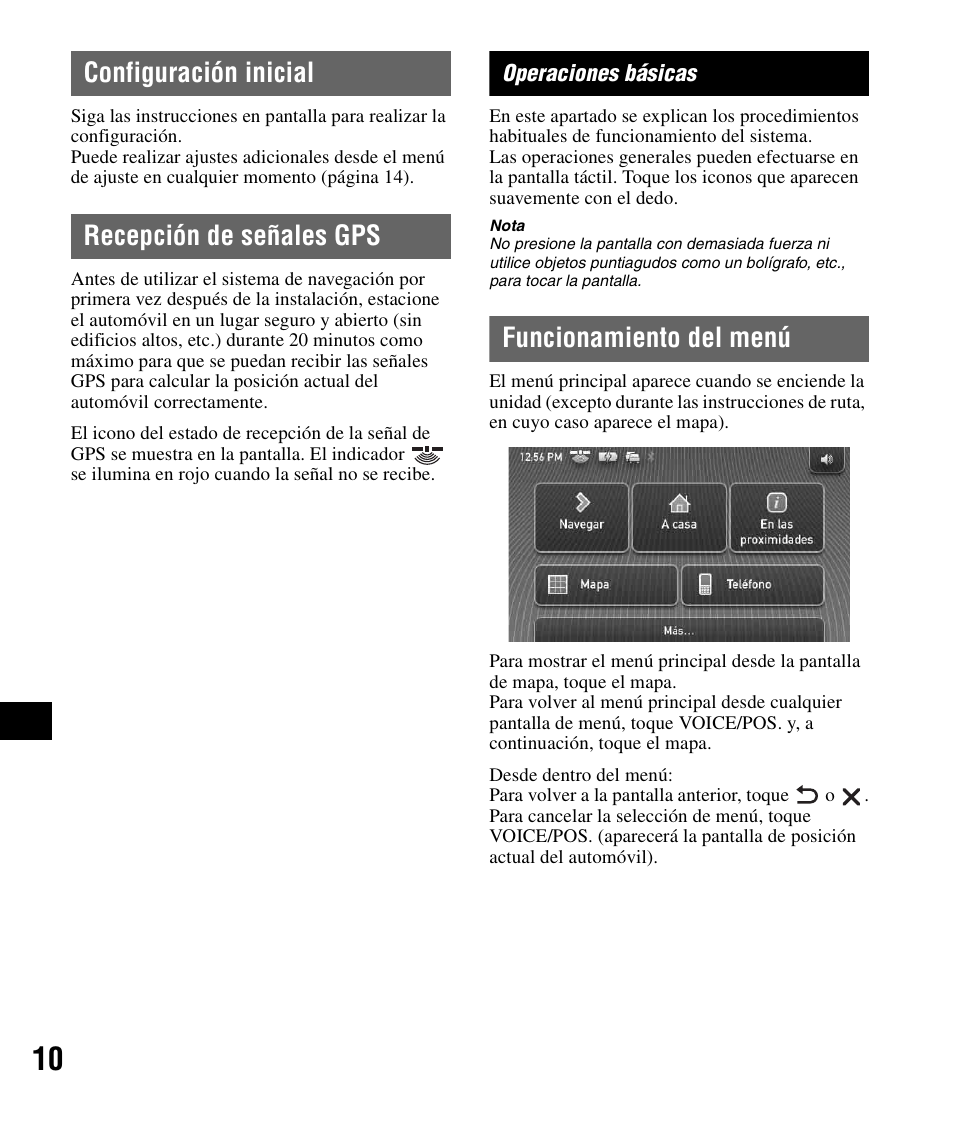 Configuración inicial, Recepción de señales gps, Operaciones básicas | Funcionamiento del menú, Configuración inicial recepción de señales gps | Sony NV-U83 User Manual | Page 128 / 194