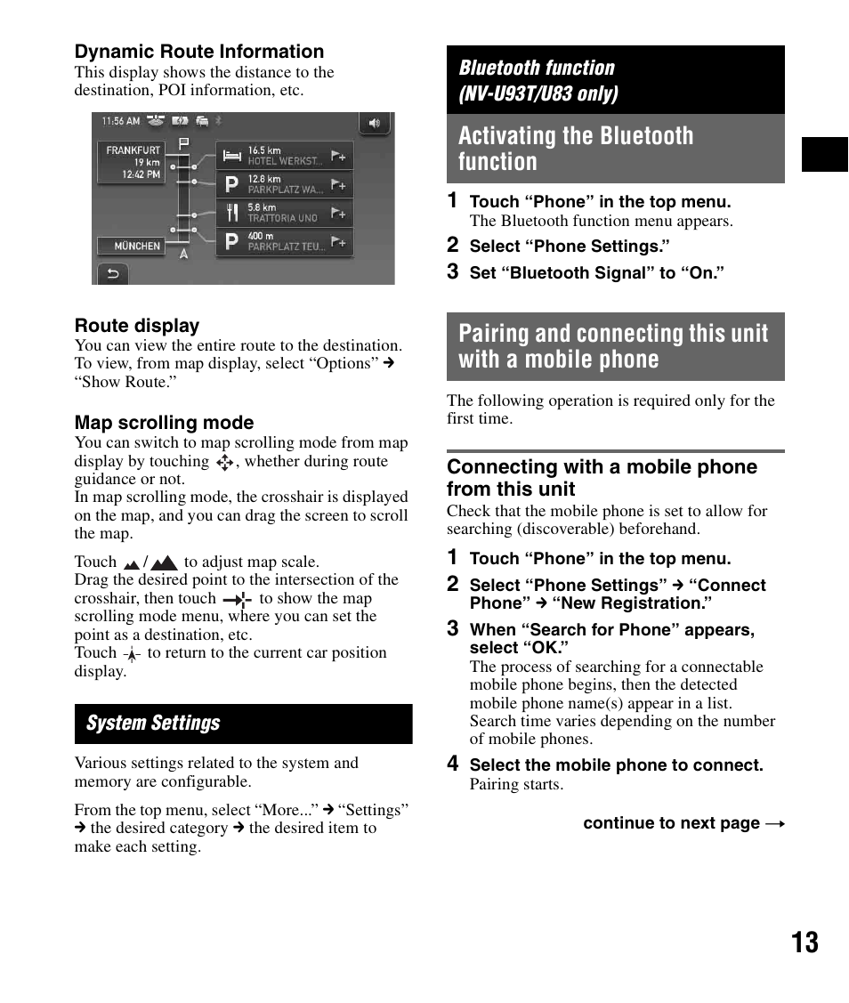 System settings, Bluetooth function (nv-u93t/u83 only), Activating the bluetooth function | Connecting with a mobile phone from this unit | Sony NV-U83 User Manual | Page 13 / 194