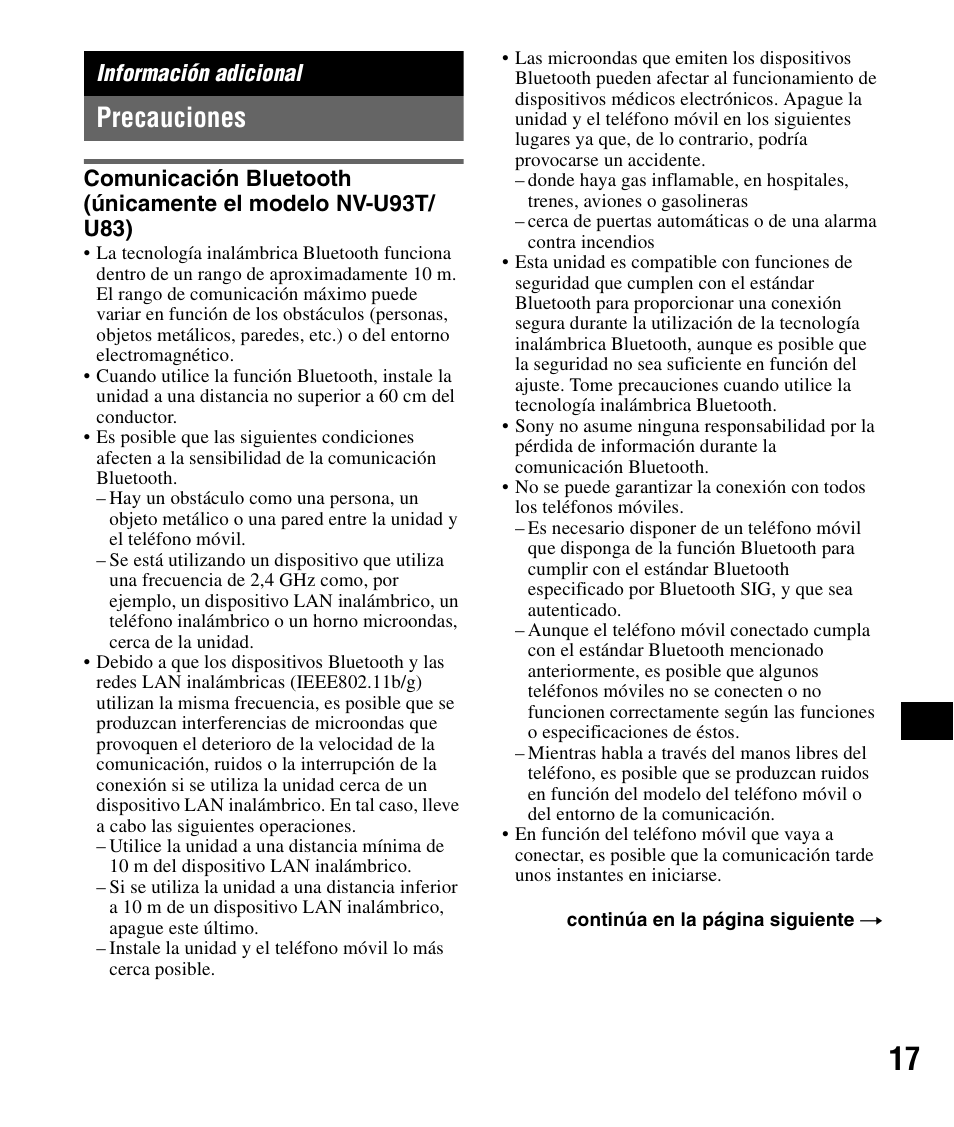 Información adicional, Precauciones | Sony NV-U83 User Manual | Page 135 / 194