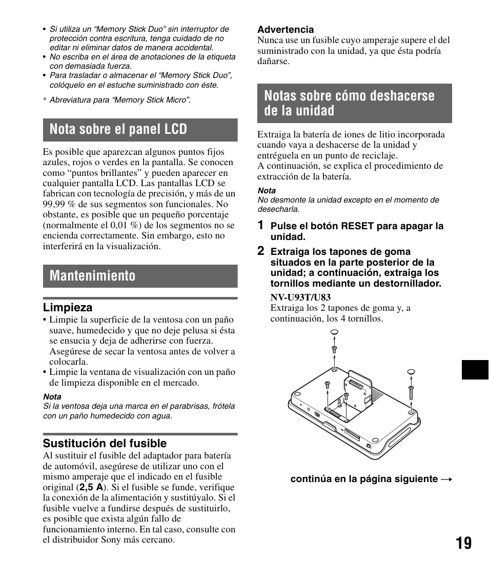 Nota sobre el panel lcd, Mantenimiento, Limpieza | Sustitución del fusible, Notas sobre cómo deshacerse de la unidad, Nota sobre el panel lcd mantenimiento, Limpieza sustitución del fusible, Notas sobre cómo deshacerse de la, Unidad | Sony NV-U83 User Manual | Page 137 / 194