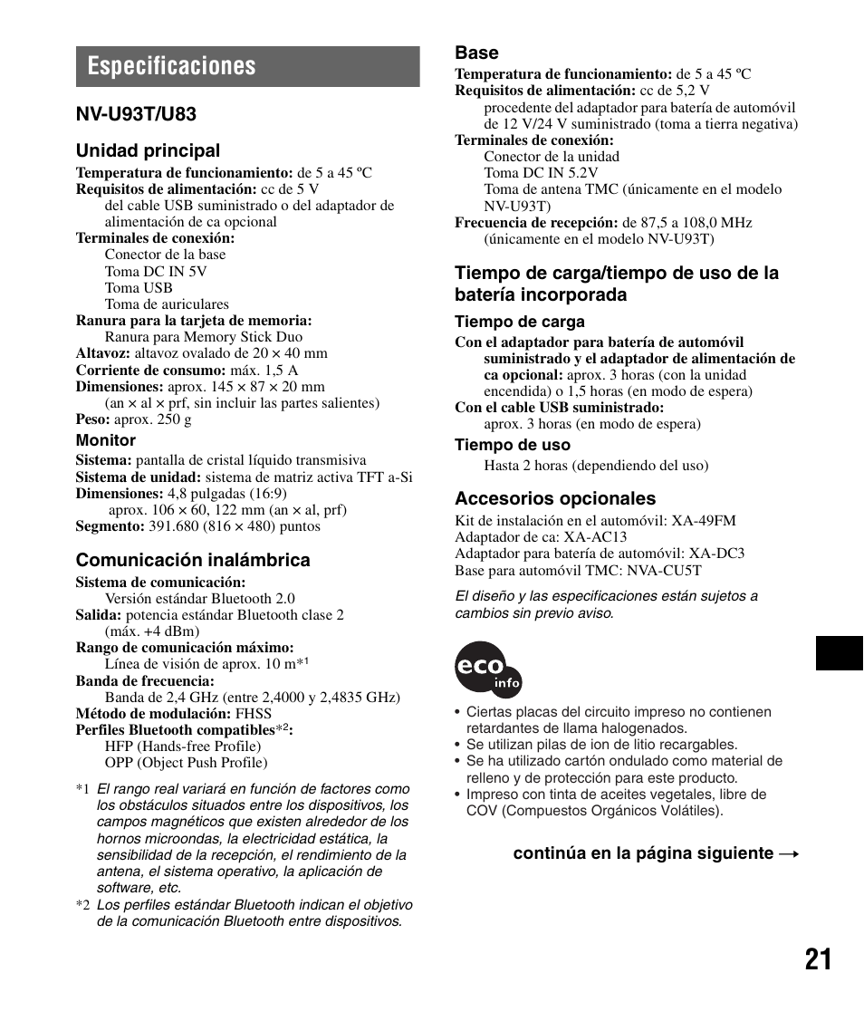 Especificaciones, Nv-u93t/u83 | Sony NV-U83 User Manual | Page 139 / 194