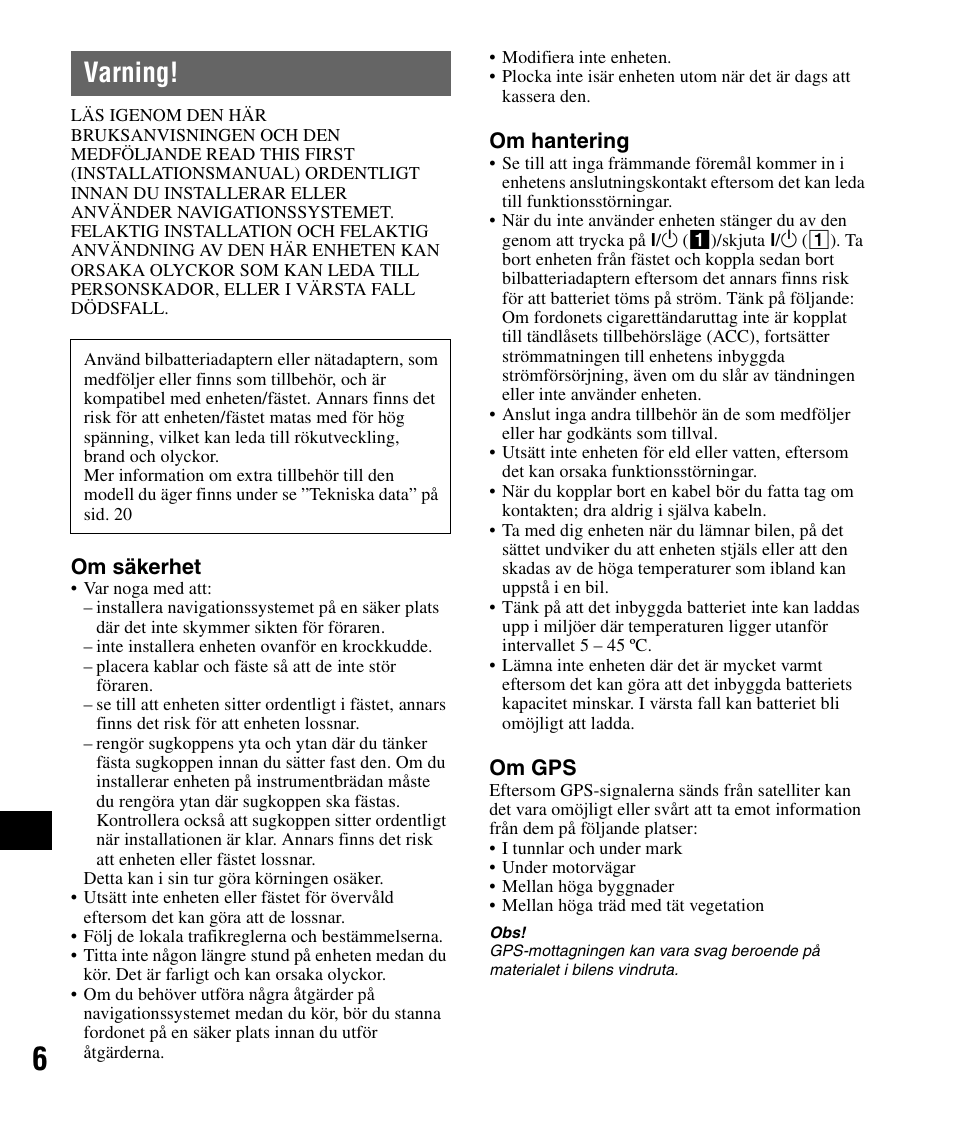 Varning | Sony NV-U83 User Manual | Page 148 / 194