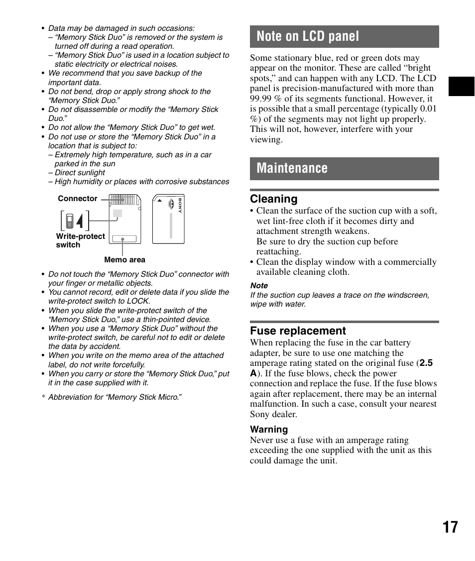 Note on lcd panel, Maintenance, Cleaning | Fuse replacement, Note on lcd panel maintenance, Cleaning fuse replacement | Sony NV-U83 User Manual | Page 17 / 194