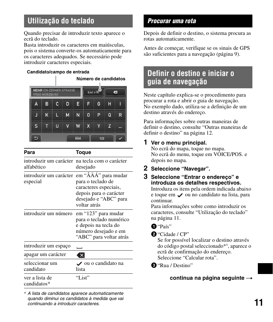 Utilização do teclado, Procurar uma rota, Definir o destino e iniciar o guia de navegação | Definir o destino e iniciar o guia de, Navegação | Sony NV-U83 User Manual | Page 175 / 194