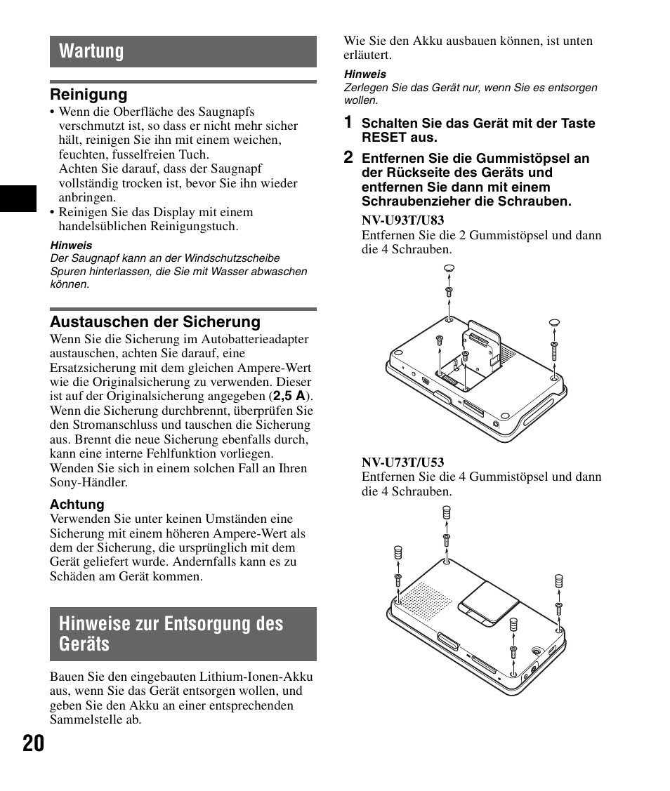 Wartung, Reinigung, Austauschen der sicherung | Hinweise zur entsorgung des geräts, Reinigung austauschen der sicherung | Sony NV-U83 User Manual | Page 42 / 194