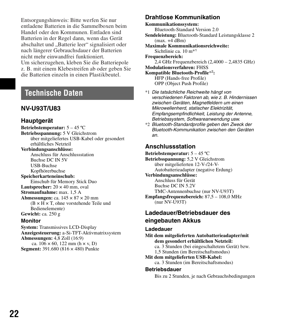 Technische daten, Nv-u93t/u83 | Sony NV-U83 User Manual | Page 44 / 194