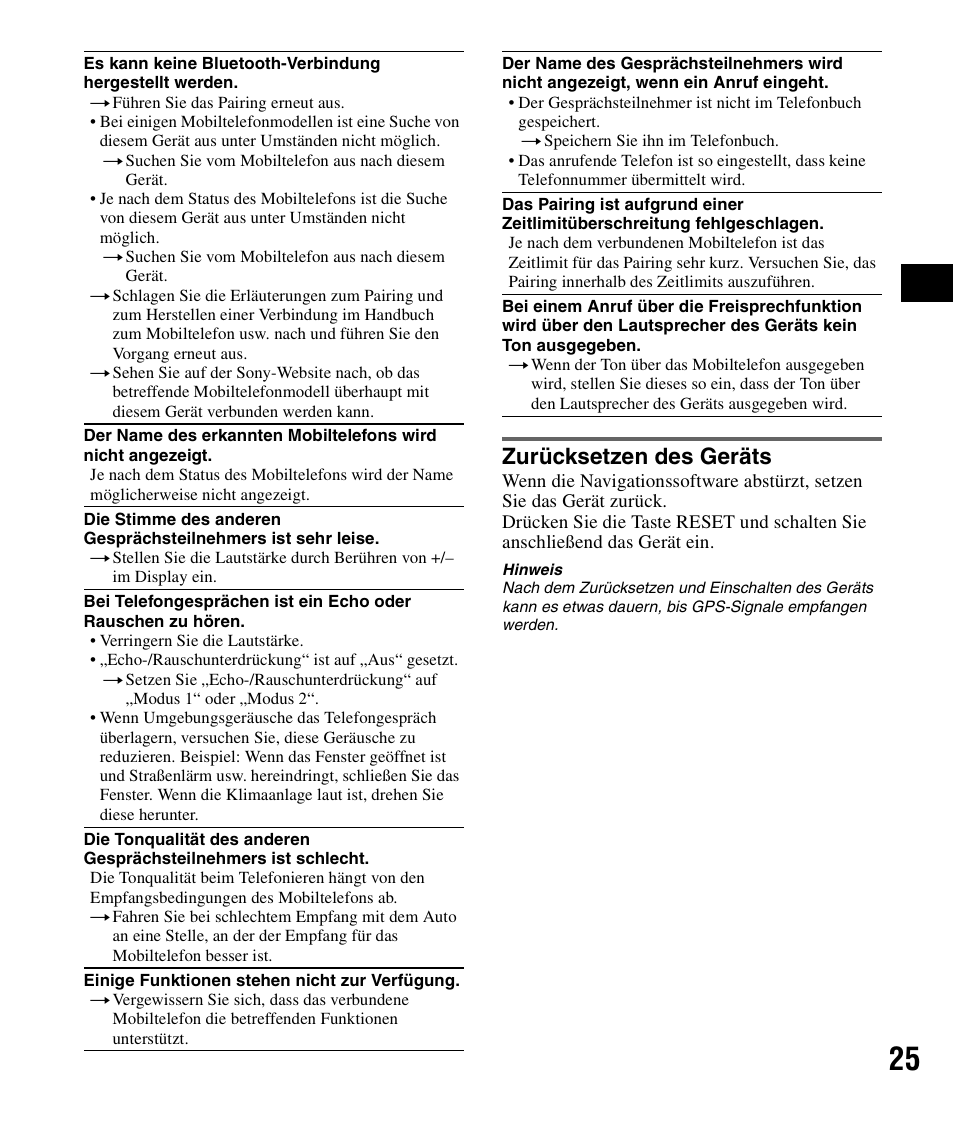 Zurücksetzen des geräts | Sony NV-U83 User Manual | Page 47 / 194