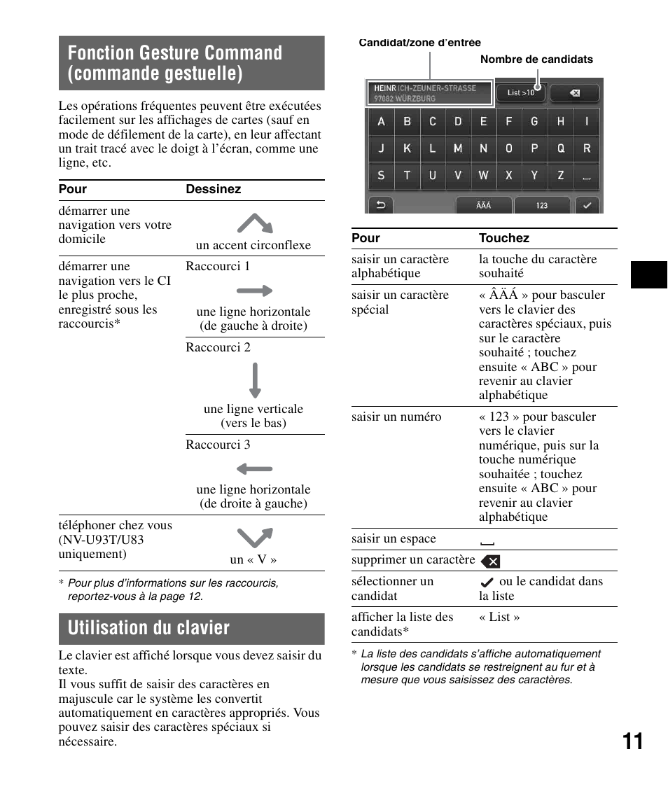 Fonction gesture command (commande gestuelle), Utilisation du clavier, Fonction gesture command | Commande gestuelle) | Sony NV-U83 User Manual | Page 57 / 194