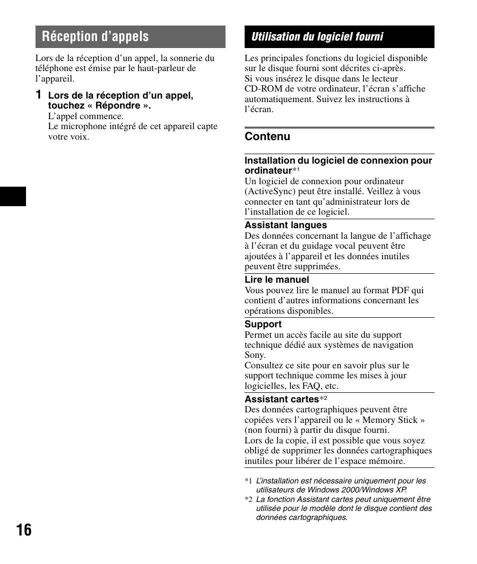 Réception d’appels, Utilisation du logiciel fourni, Contenu | Sony NV-U83 User Manual | Page 62 / 194