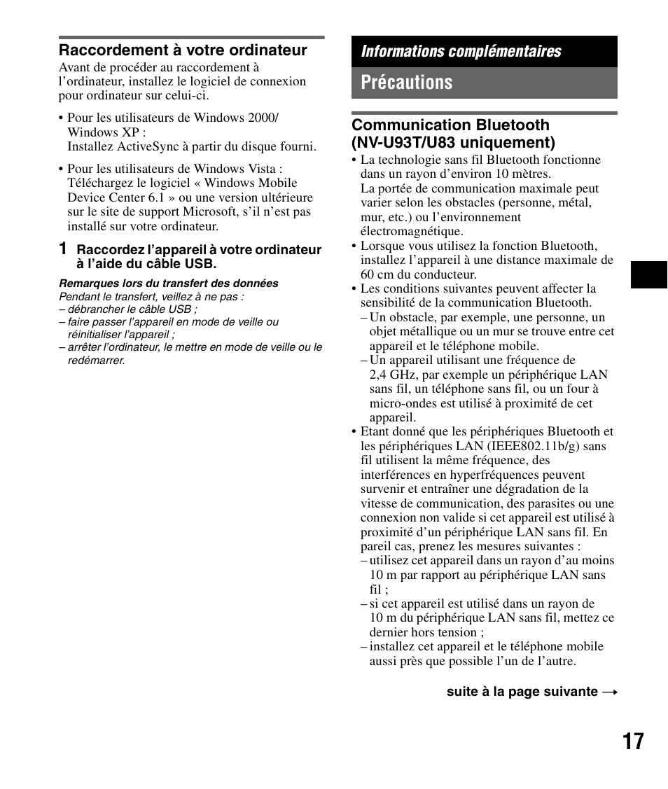 Raccordement à votre ordinateur, Informations complémentaires, Précautions | Communication bluetooth (nv-u93t/u83 uniquement) | Sony NV-U83 User Manual | Page 63 / 194