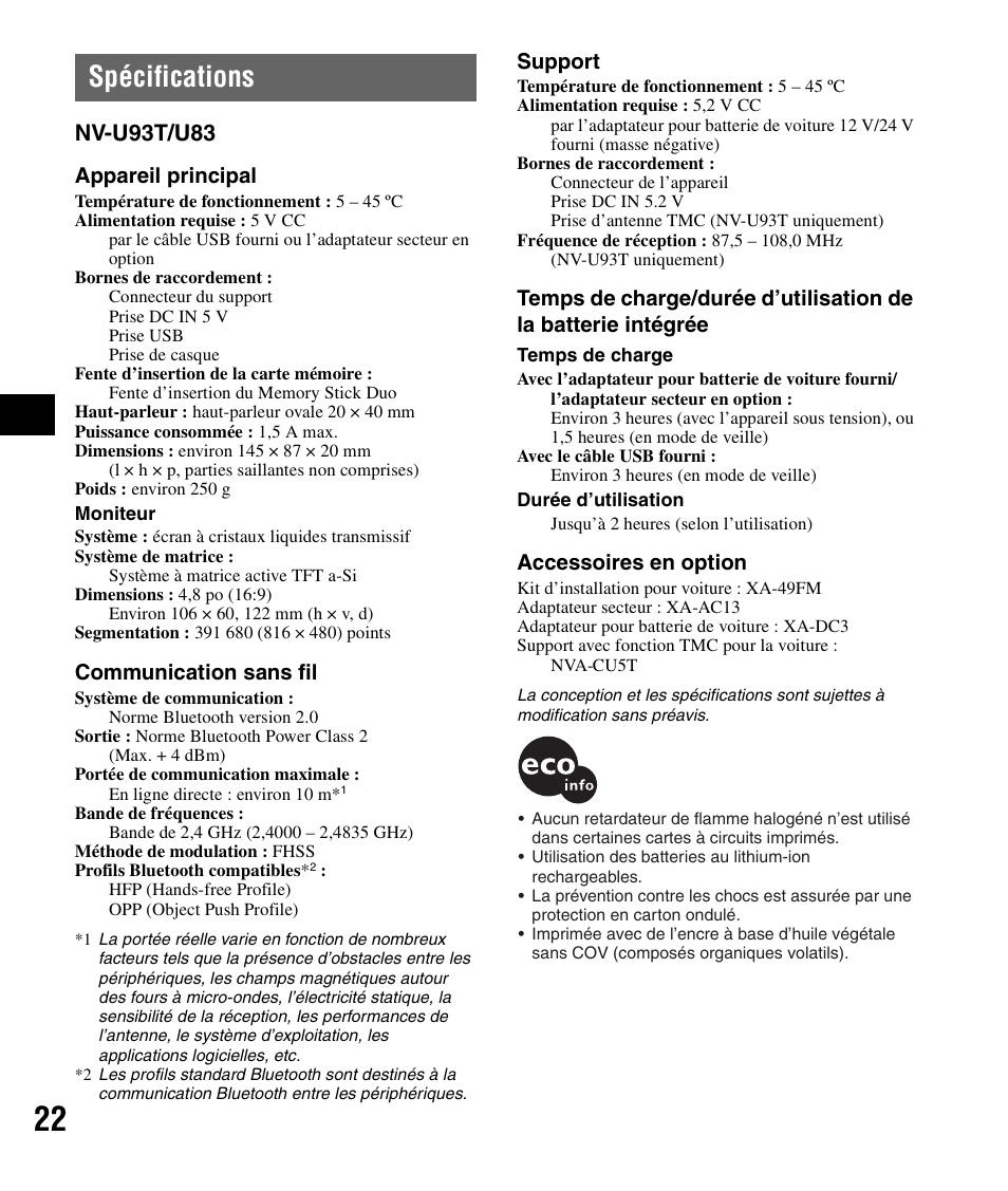 Spécifications, Nv-u93t/u83, Appareil principal | Communication sans fil, Support, Accessoires en option | Sony NV-U83 User Manual | Page 68 / 194