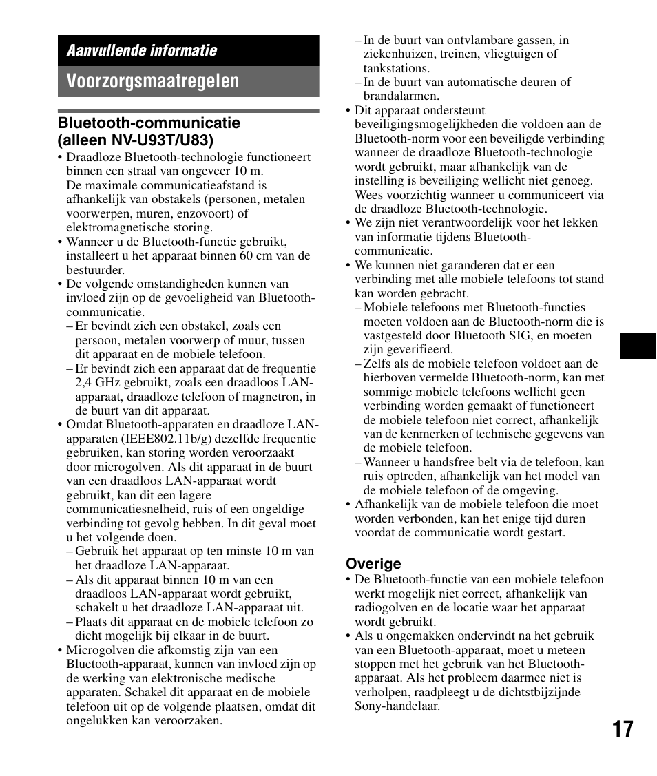 Aanvullende informatie, Voorzorgsmaatregelen, Bluetooth-communicatie (alleen nv-u93t/u83) | Sony NV-U83 User Manual | Page 87 / 194