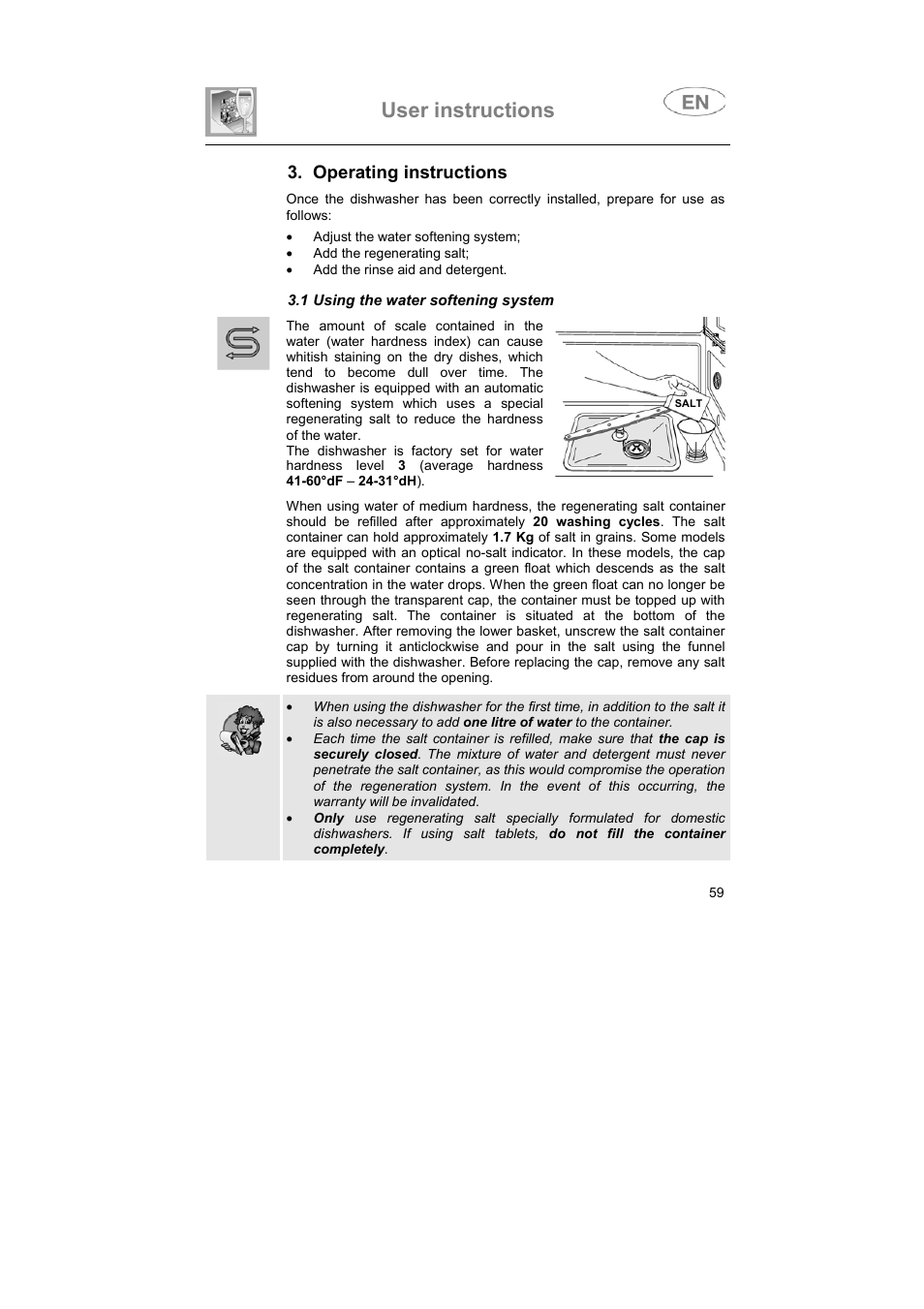 User instructions, Operating instructions | Teka DW7 80 FI User Manual | Page 9 / 24