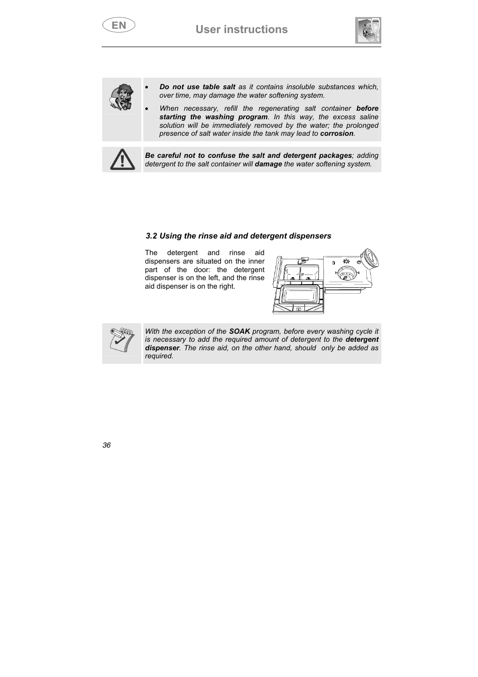 User instructions, 2 using the rinse aid and detergent dispensers | Teka DW7 45 S User Manual | Page 10 / 24