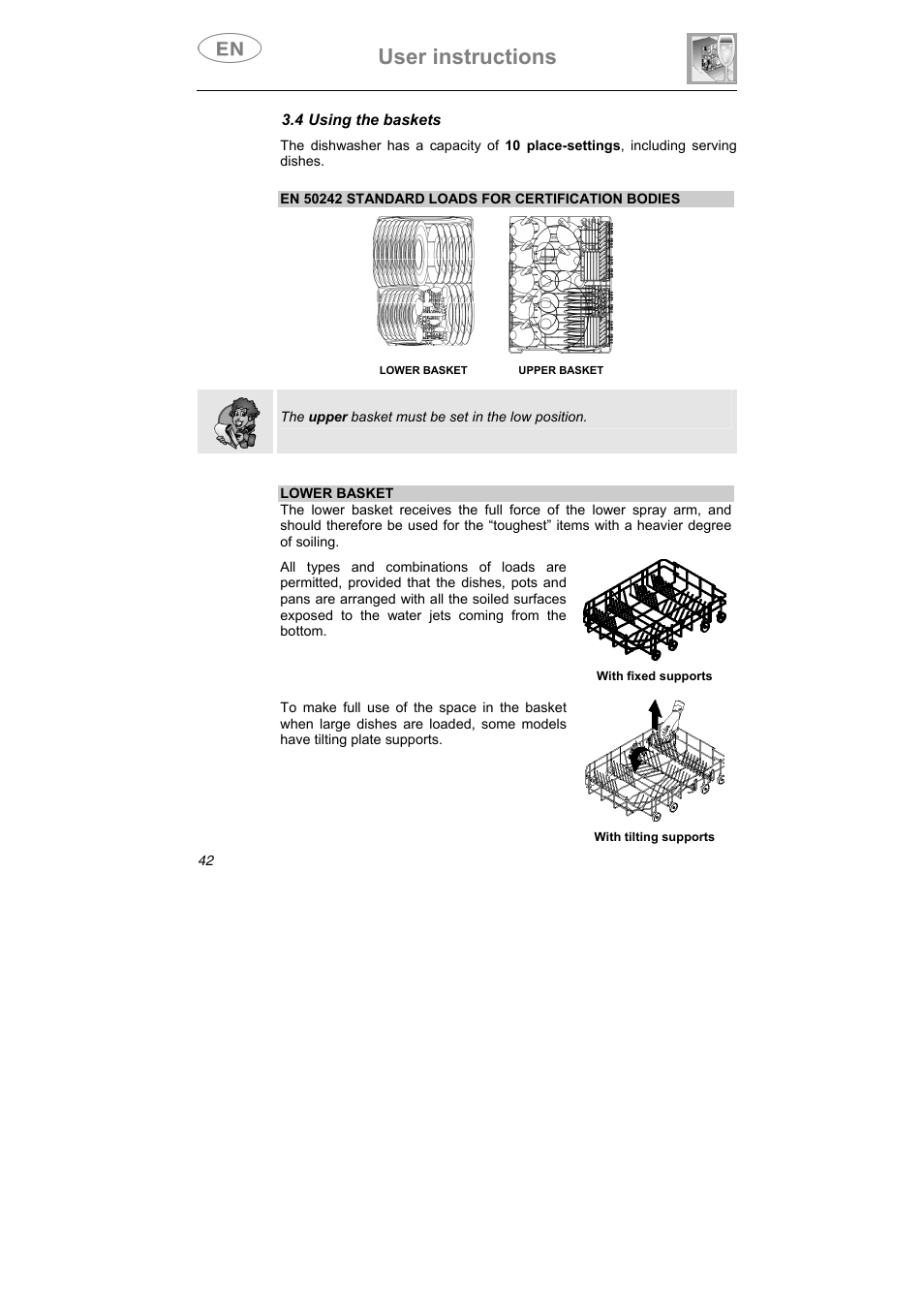 User instructions, 4 using the baskets, The upper basket must be set in the low position | Teka DW7 45 S User Manual | Page 16 / 24