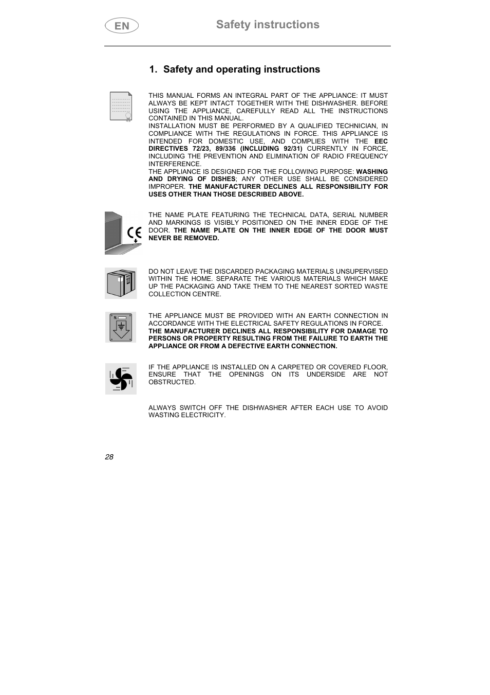 Safety instructions, Safety and operating instructions | Teka DW7 45 S User Manual | Page 2 / 24