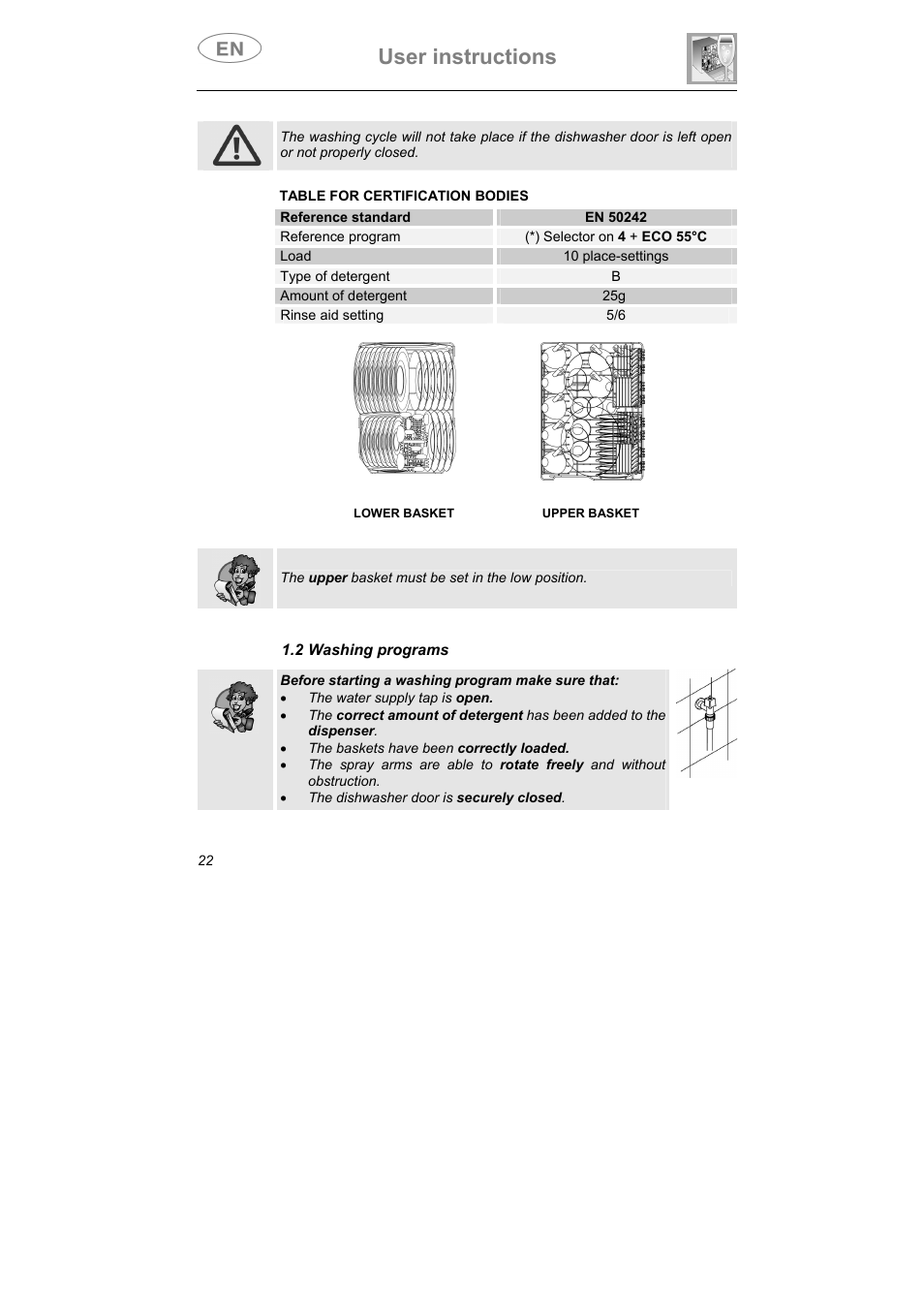 User instructions, 2 washing programs | Teka LP7 470 User Manual | Page 4 / 7