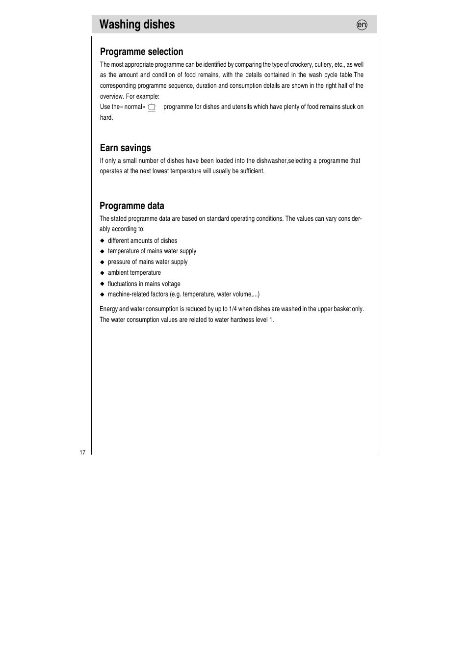 Washing dishes, Programme selection, Earn savings | Programme data | Teka LP7 760 User Manual | Page 18 / 30