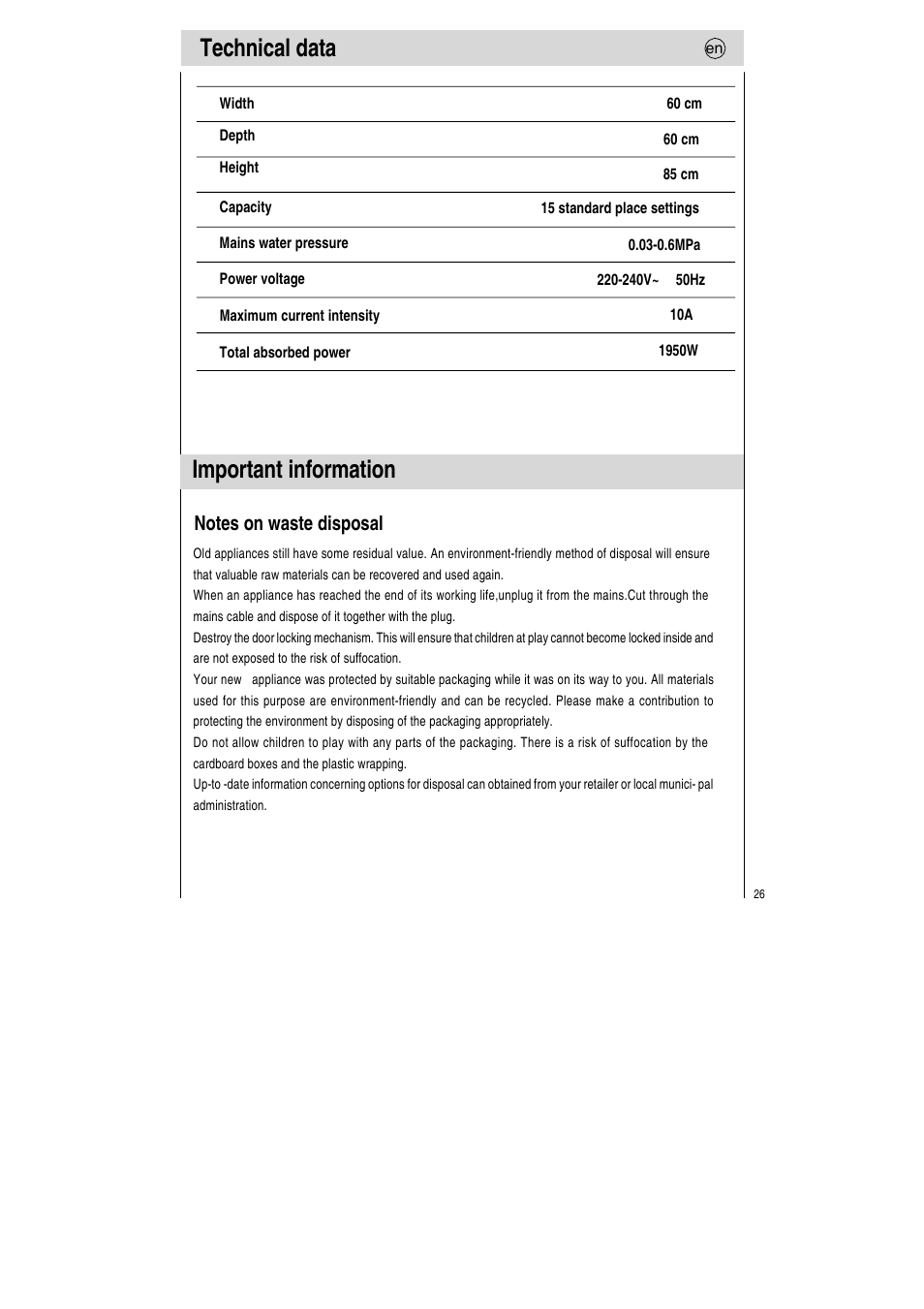 Technical data, Important information | Teka LP7 760 User Manual | Page 27 / 30