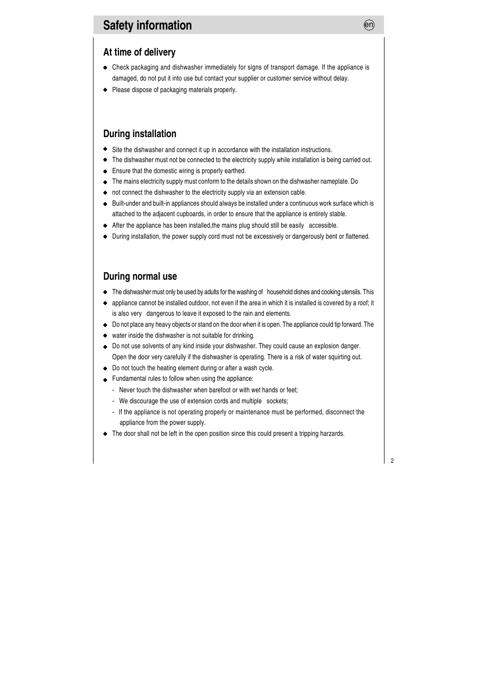 Safety information, At time of delivery, During installation | During normal use | Teka LP7 760 User Manual | Page 3 / 30