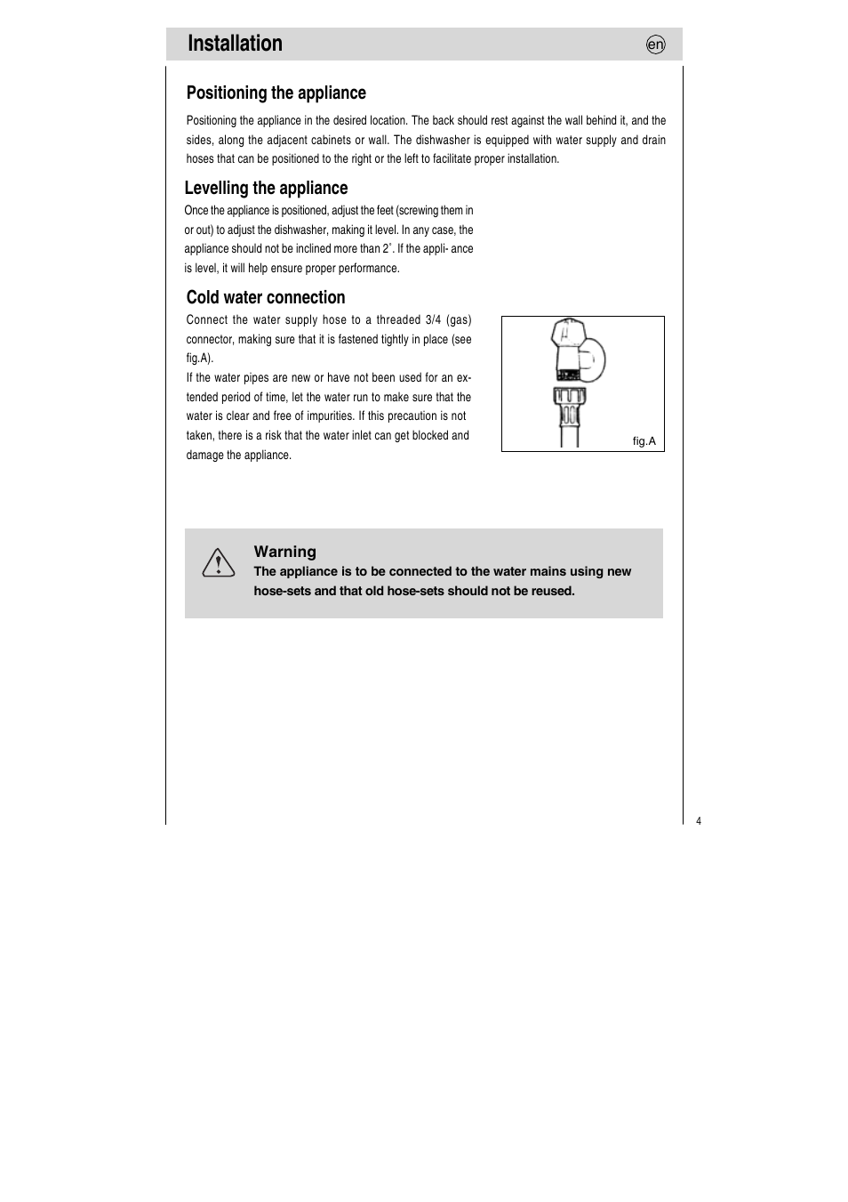 Installation, Positioning the appliance, Levelling the appliance | Cold water connection | Teka LP7 760 User Manual | Page 5 / 30