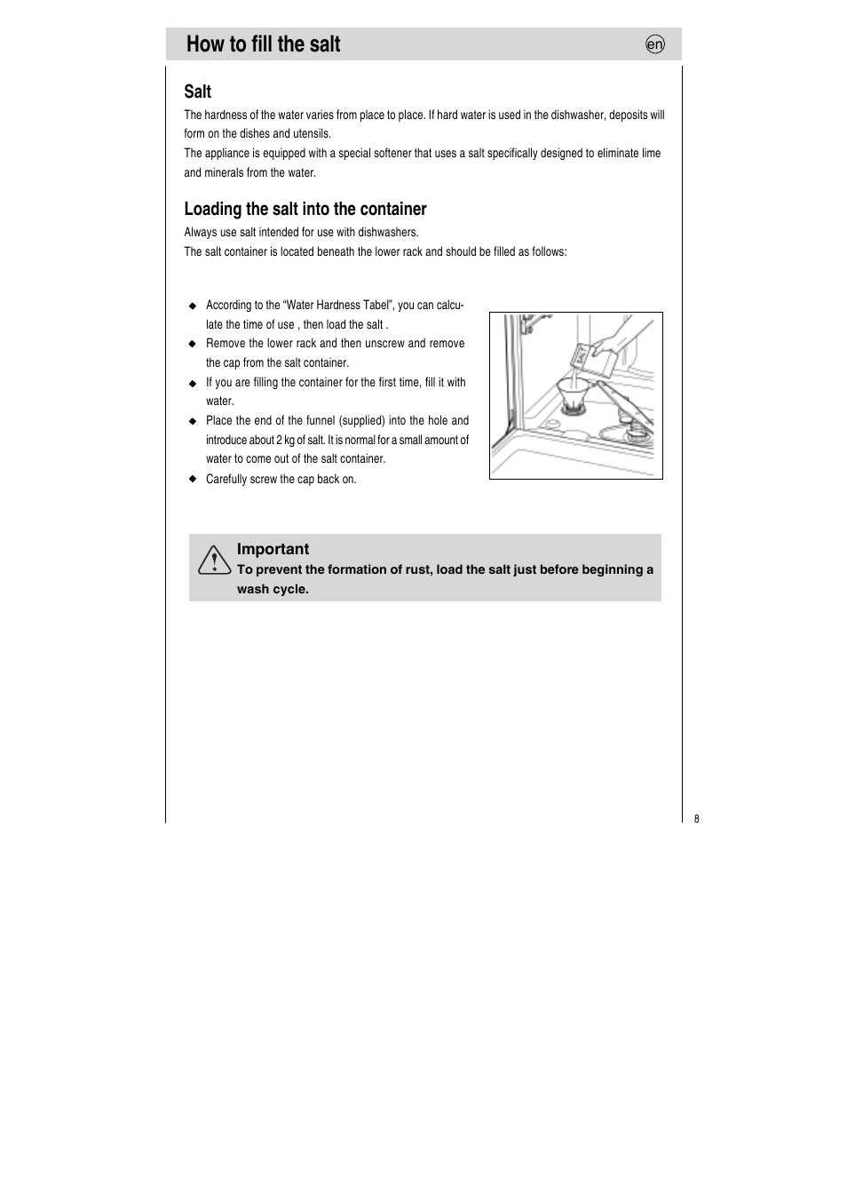 How to fill the salt, Salt, Loading the salt into the container | Teka LP7 760 User Manual | Page 9 / 30