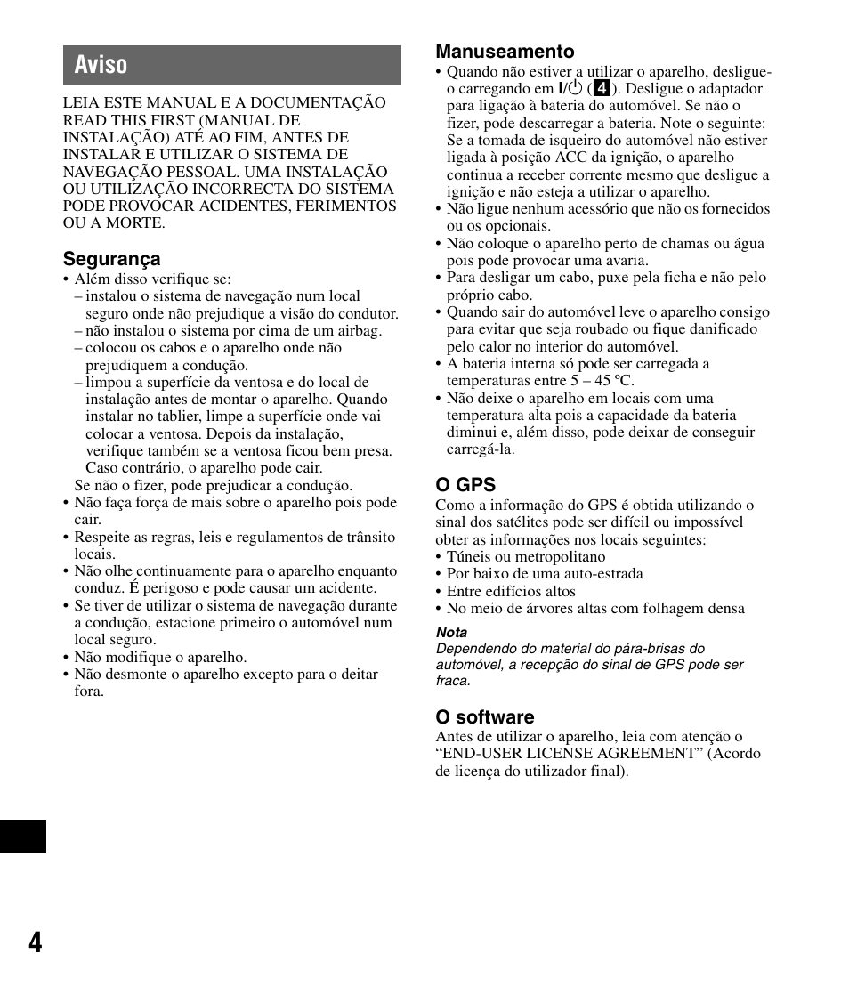 Aviso | Sony NV-U72TW User Manual | Page 102 / 116