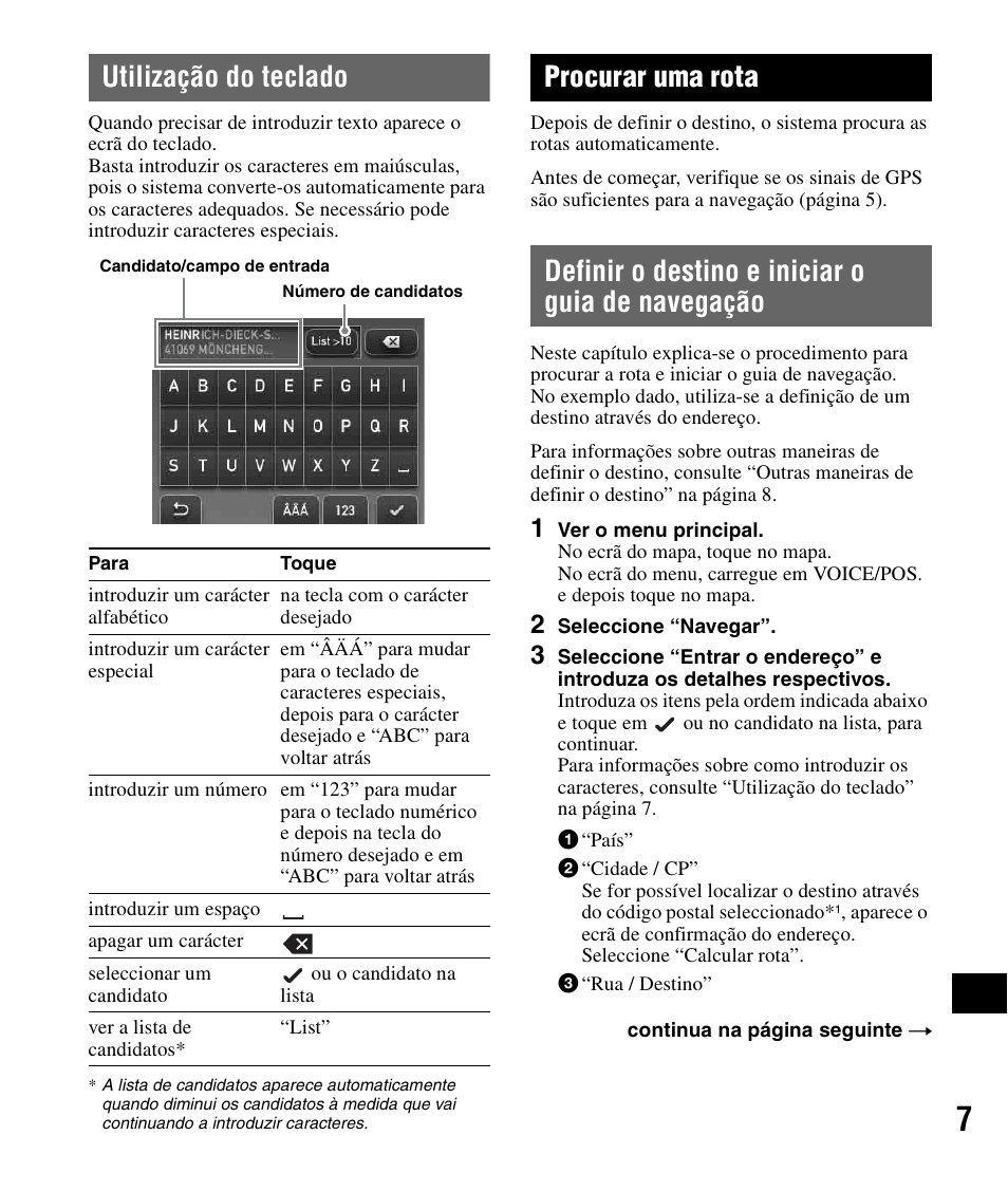 Utilização do teclado, Procurar uma rota, Definir o destino e iniciar o guia de navegação | Definir o destino e iniciar o guia de, Navegação | Sony NV-U72TW User Manual | Page 105 / 116