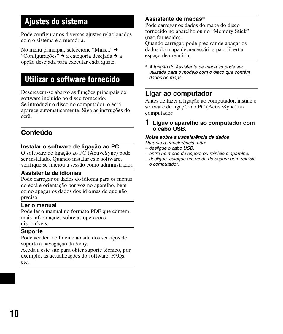 Ajustes do sistema, Utilizar o software fornecido, Conteúdo | Ligar ao computador, Conteúdo ligar ao computador, Usb 10 | Sony NV-U72TW User Manual | Page 108 / 116