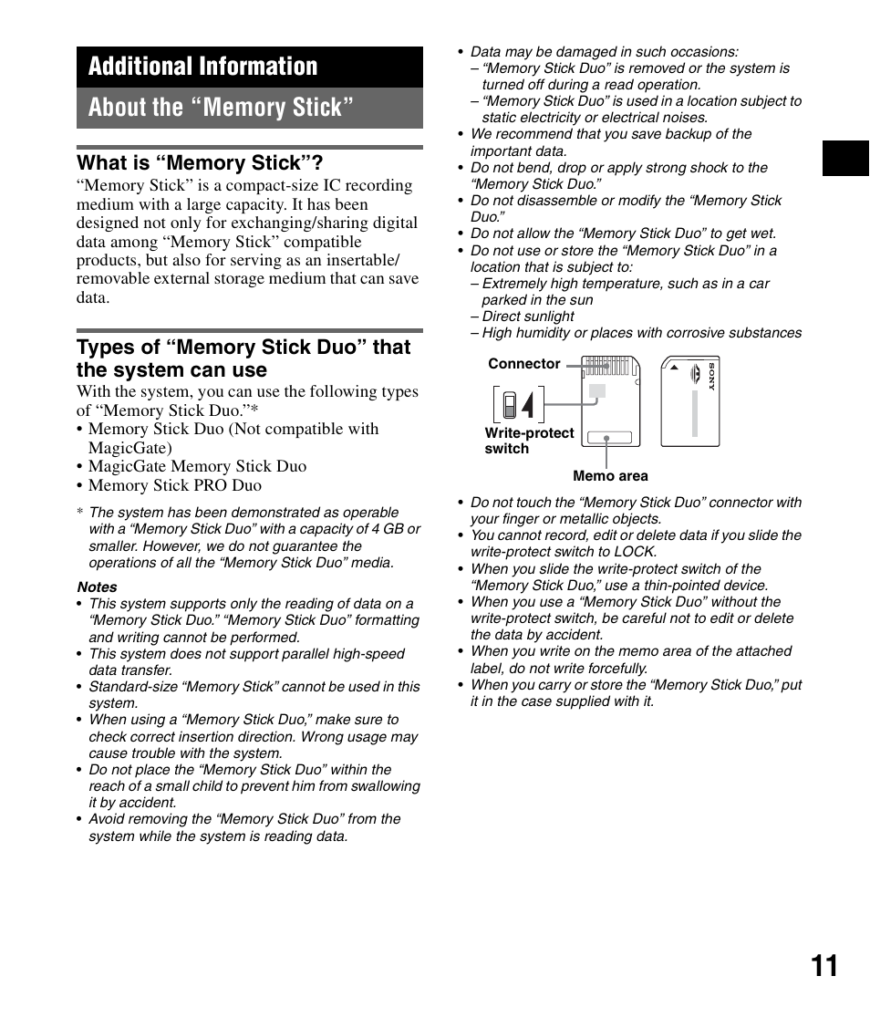 Additional information, About the “memory stick, What is “memory stick | Sony NV-U72TW User Manual | Page 11 / 116