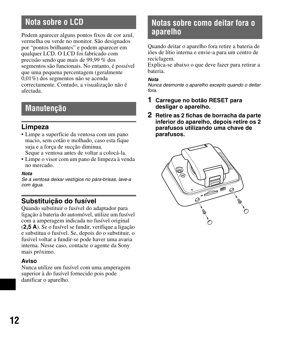 Nota sobre o lcd, Manutenção, Limpeza | Substituição do fusível, Notas sobre como deitar fora o aparelho, Nota sobre o lcd manutenção, Limpeza substituição do fusível | Sony NV-U72TW User Manual | Page 110 / 116