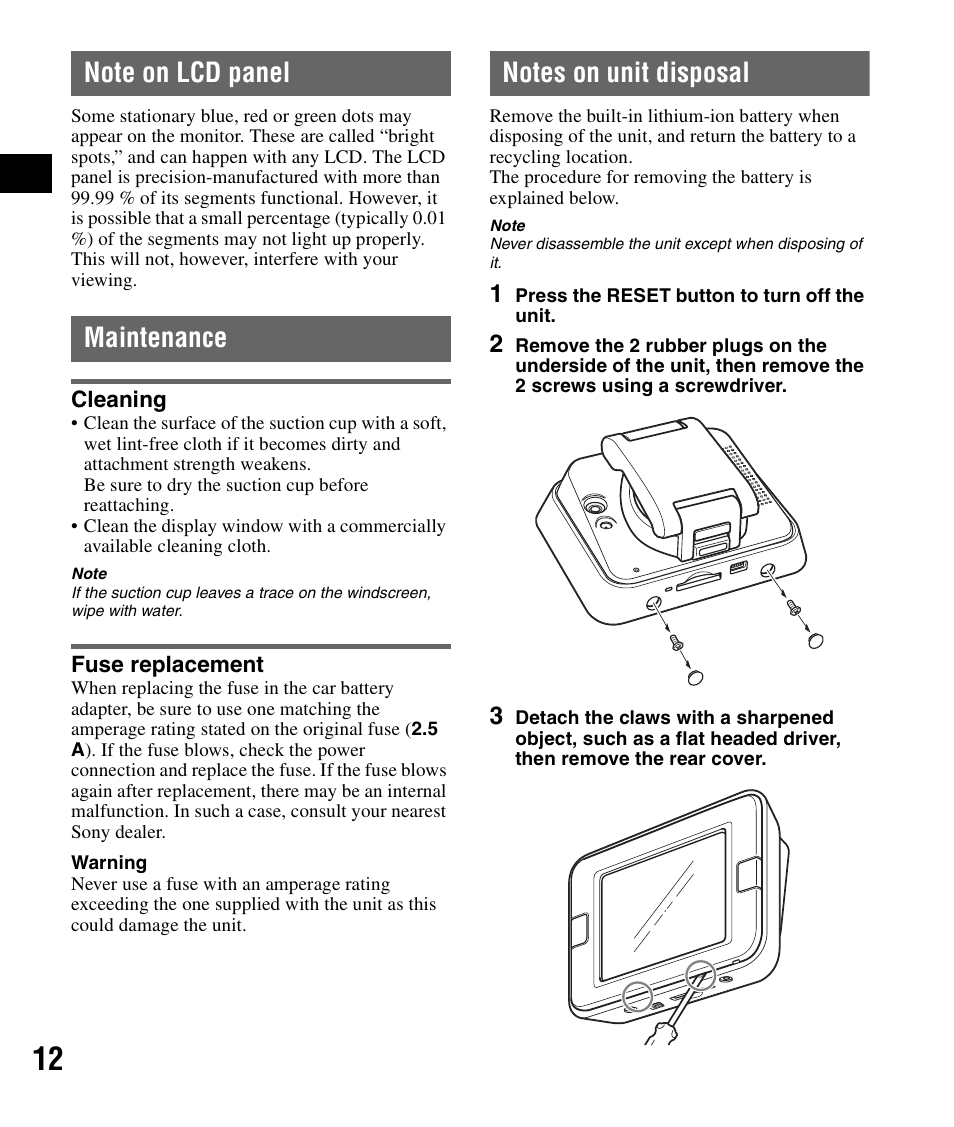 Note on lcd panel, Maintenance, Cleaning | Fuse replacement, Notes on unit disposal, Note on lcd panel maintenance, Cleaning fuse replacement | Sony NV-U72TW User Manual | Page 12 / 116