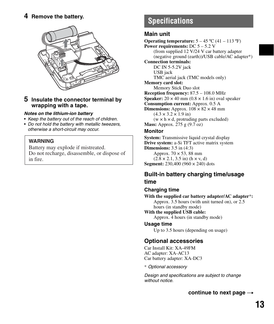 Specifications | Sony NV-U72TW User Manual | Page 13 / 116