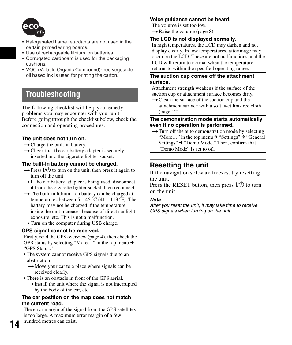 Troubleshooting, Resetting the unit | Sony NV-U72TW User Manual | Page 14 / 116