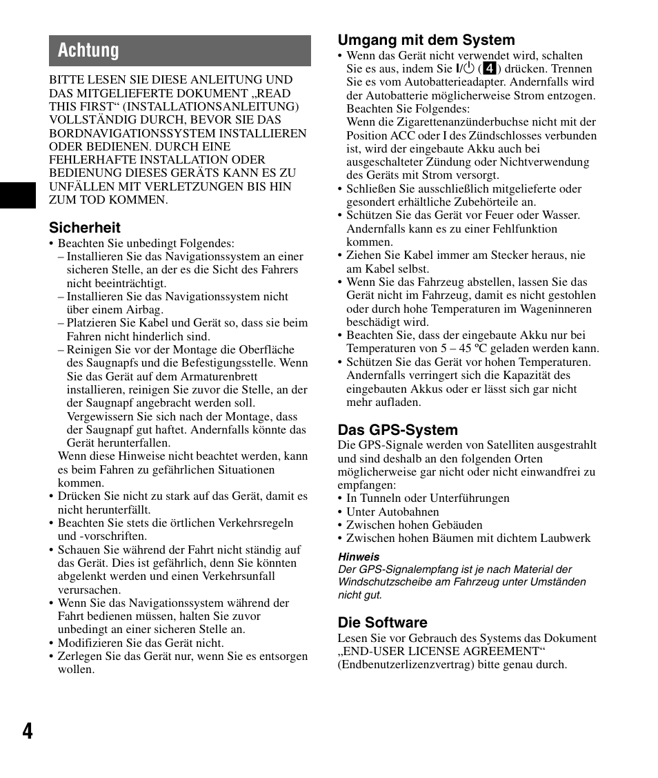 Achtung | Sony NV-U72TW User Manual | Page 18 / 116