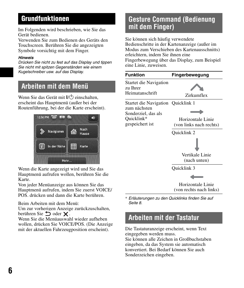 Grundfunktionen, Arbeiten mit dem menü, Gesture command (bedienung mit dem finger) | Arbeiten mit der tastatur, Arbeiten mit dem menü gesture command, Bedienung mit dem finger) | Sony NV-U72TW User Manual | Page 20 / 116