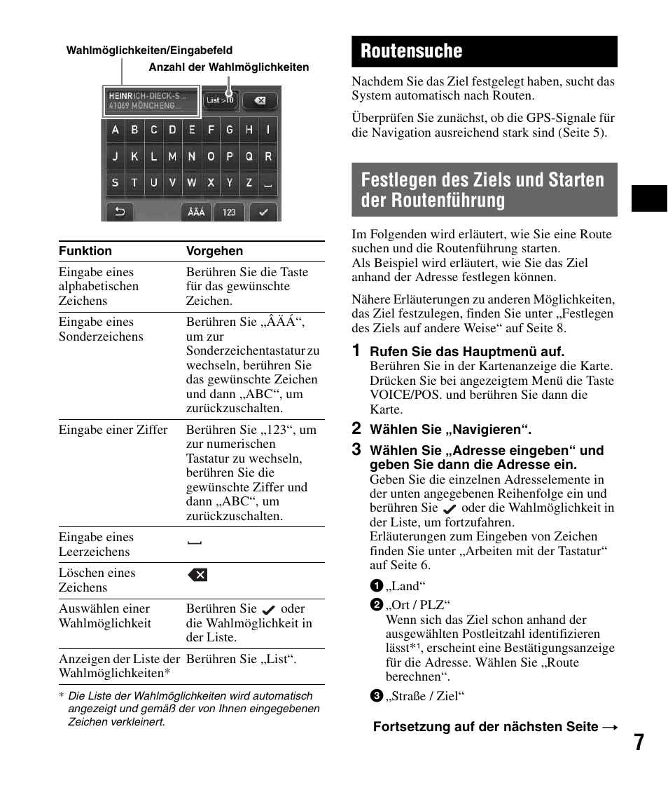 Routensuche, Festlegen des ziels und starten der routenführung, Festlegen des ziels und starten der | Routenführung | Sony NV-U72TW User Manual | Page 21 / 116