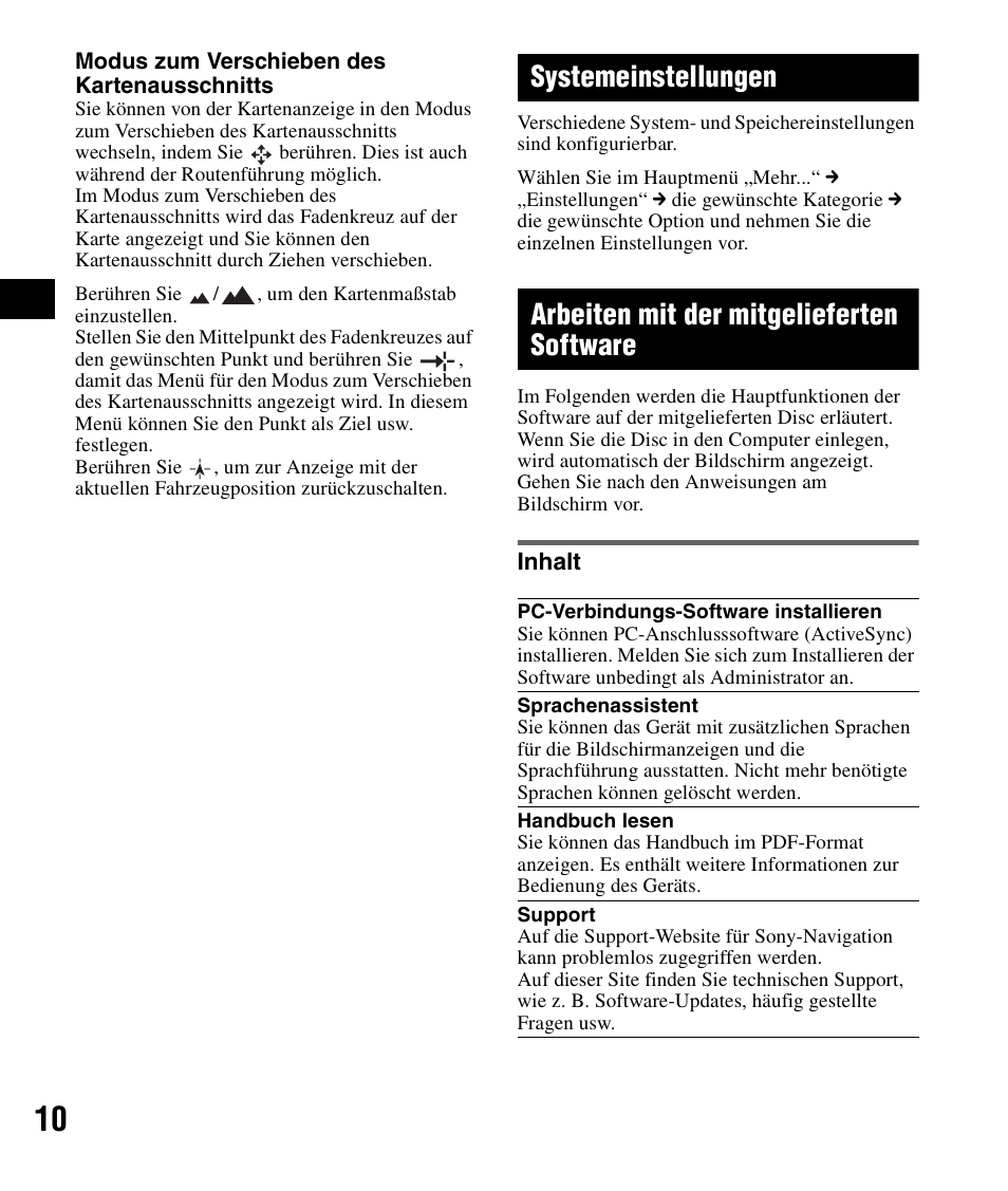 Systemeinstellungen, Arbeiten mit der mitgelieferten software, Inhalt | Seite 10) | Sony NV-U72TW User Manual | Page 24 / 116