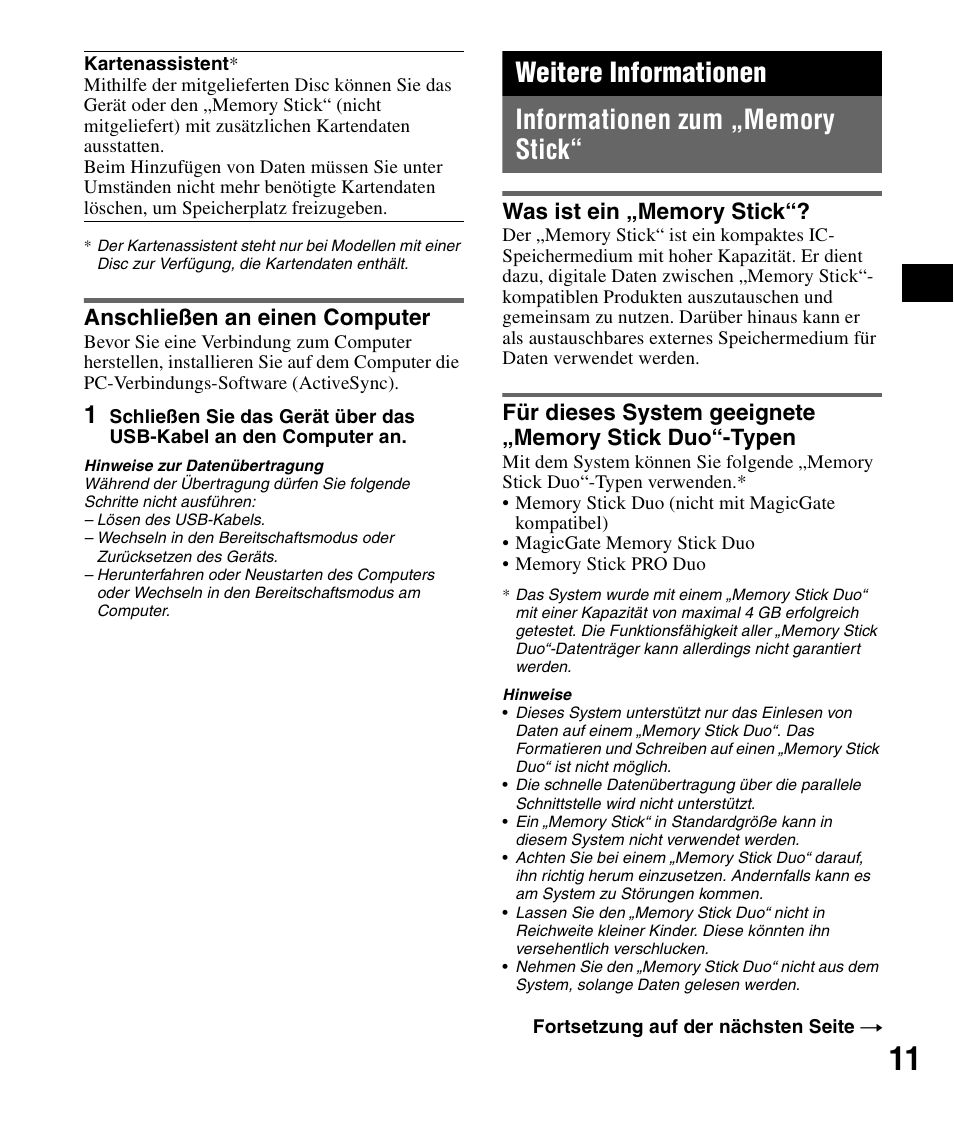 Anschließen an einen computer, Weitere informationen, Informationen zum „memory stick | Was ist ein „memory stick | Sony NV-U72TW User Manual | Page 25 / 116