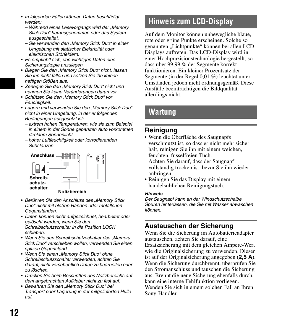 Hinweis zum lcd-display, Wartung, Reinigung | Austauschen der sicherung, Hinweis zum lcd-display wartung, Reinigung austauschen der sicherung | Sony NV-U72TW User Manual | Page 26 / 116