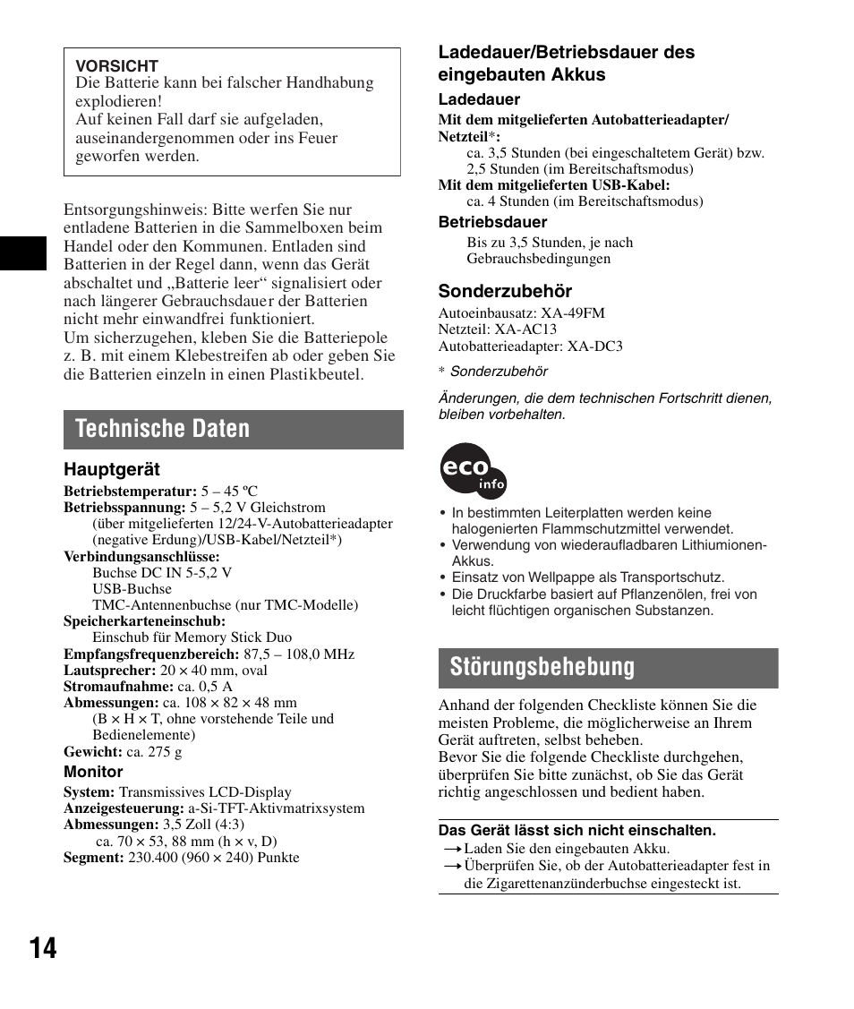 Technische daten, Störungsbehebung, Technische daten störungsbehebung | Sony NV-U72TW User Manual | Page 28 / 116