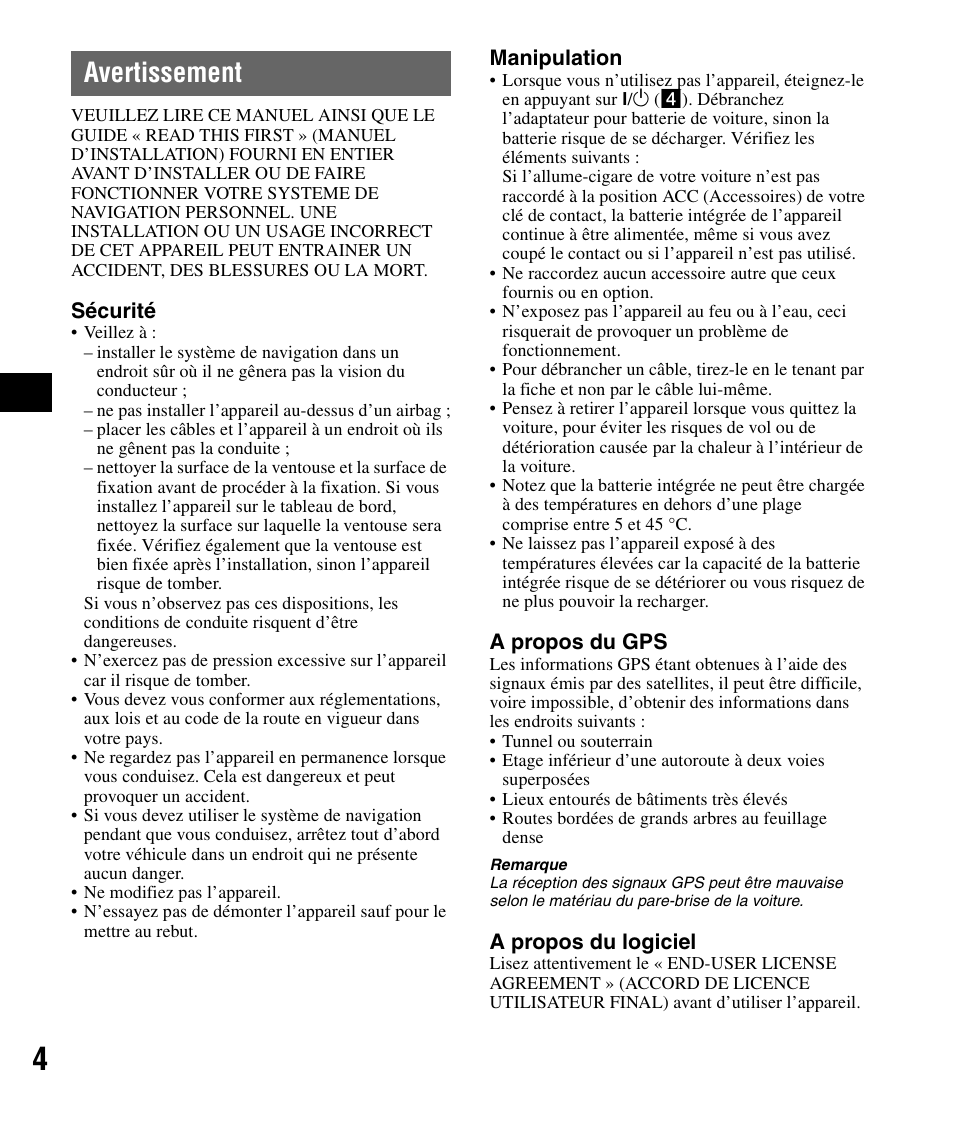 Avertissement | Sony NV-U72TW User Manual | Page 32 / 116