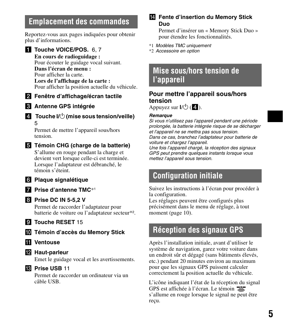 Emplacement des commandes, Mise sous/hors tension de l’appareil, Configuration initiale | Réception des signaux gps | Sony NV-U72TW User Manual | Page 33 / 116