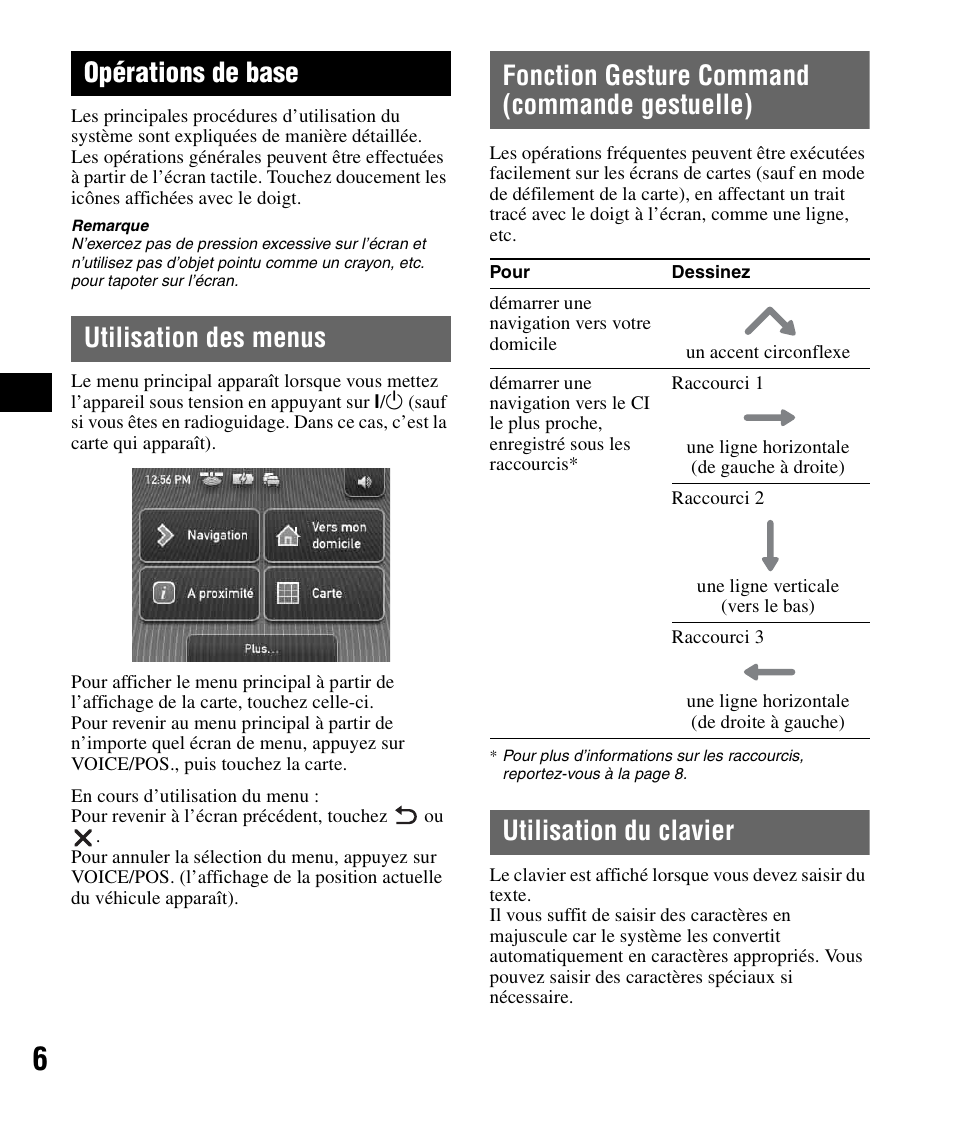 Opérations de base, Utilisation des menus, Fonction gesture command (commande gestuelle) | Utilisation du clavier, Utilisation des menus fonction gesture command, Commande gestuelle) | Sony NV-U72TW User Manual | Page 34 / 116