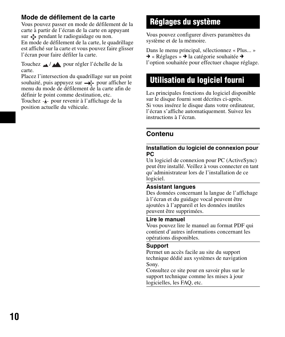 Réglages du système, Utilisation du logiciel fourni, Contenu | Sony NV-U72TW User Manual | Page 38 / 116